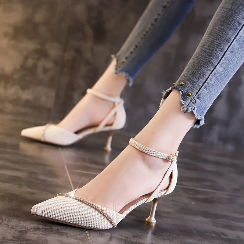 Lourdasprec  New Baotou Sandals Women's Net Red French Girl's Straight Buckle High Heel Shoes Women's Slim Heels Pointed Hollow Single Shoes