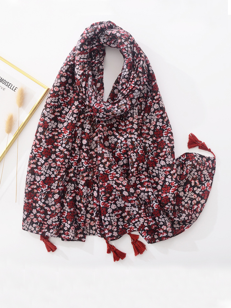 Cricninjo Cotton Linen Women Silk Scarf Boho Soft Floral Print Tassel Beach Shawl Foulard Femme Pareo Muffler Bufanda Stoles Hijab Bandana