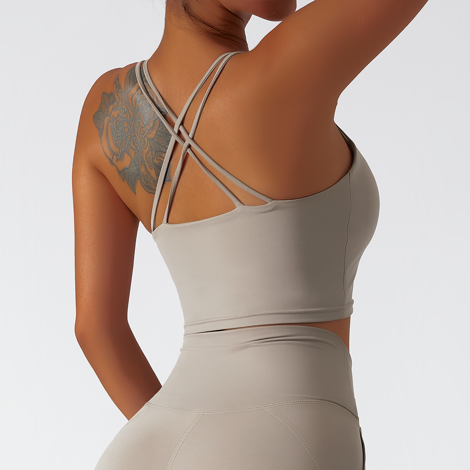 Buy Camel Brown environmentally friendly recycled fabric 4 way stretch ethically made naked feel high support cross back sports bra of high quality on Hergymclothing