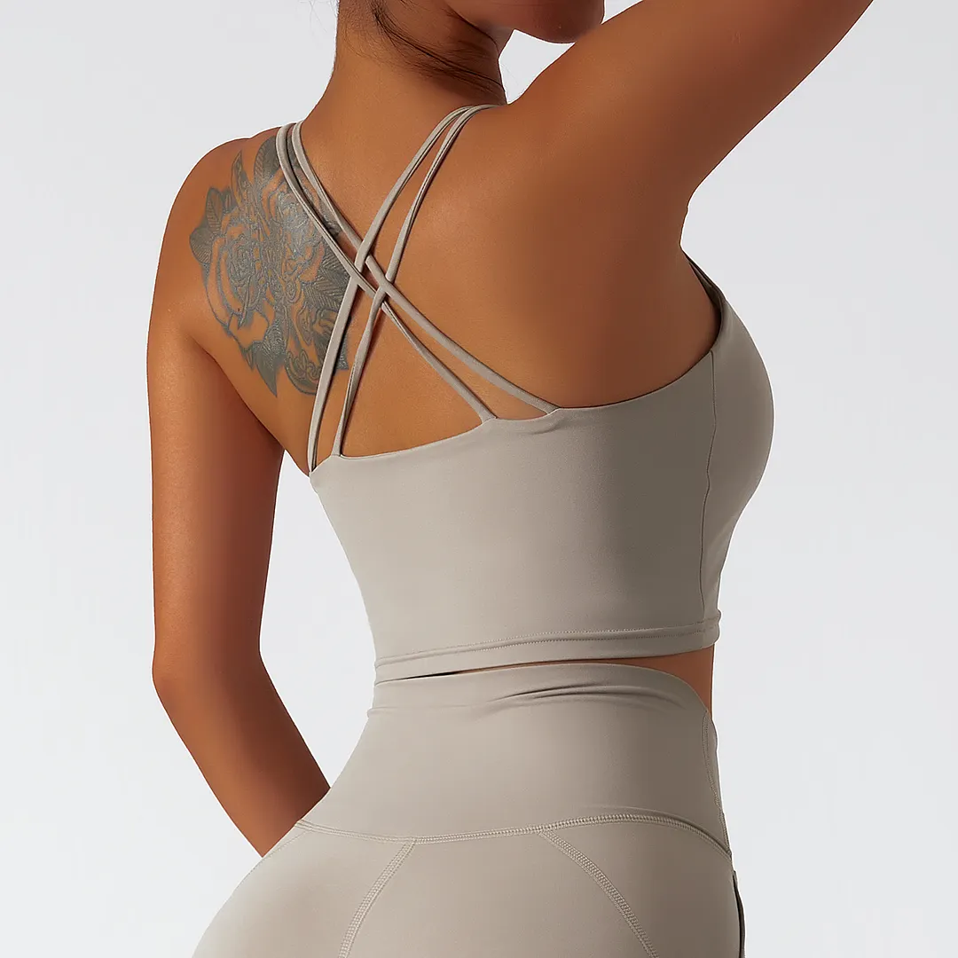 Buy Camel Brown environmentally friendly recycled fabric 4 way stretch ethically made naked feel high support cross back sports bra of high quality on Hergymclothing