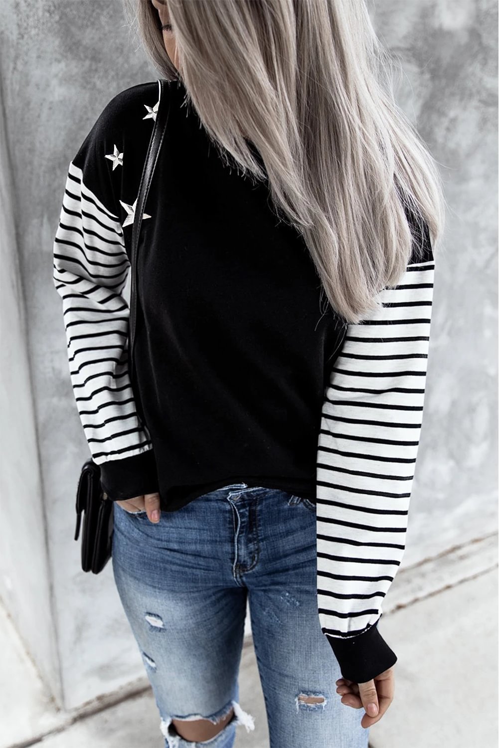 MusePointer Striped Star Print Patchwork Long Sleeve Top MusePointer