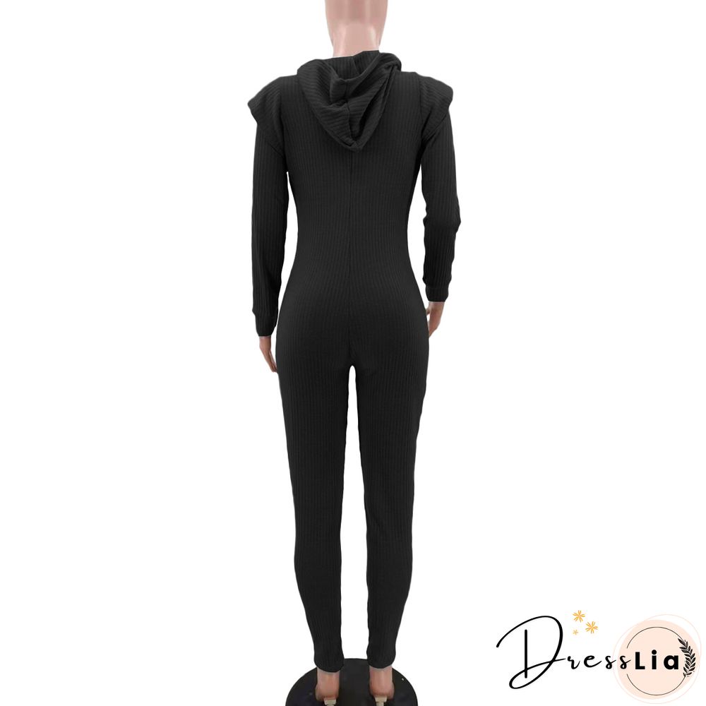 Knitted Long Sleeve Shoulder Padded Hooded Jumpsuit