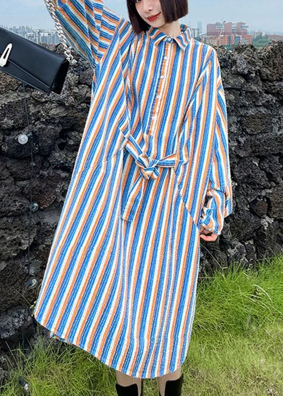 Unique Tie Waist Button Side Open Fall Striped Dress Long sleeve