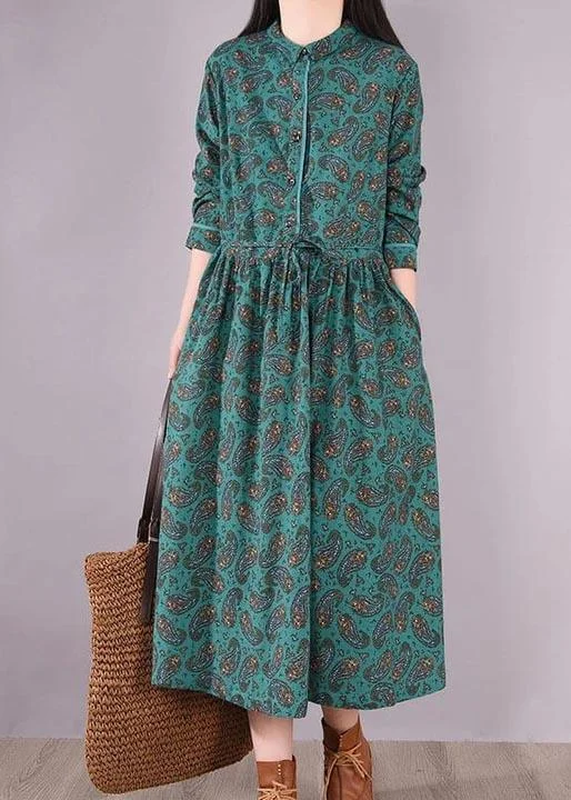 French Clothes Metropolitan Museum 100% Cotton Retro Lace-up Green Print Long Dress