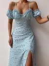 Floral Print Off-The-Shoulder Split-Side Sexy Slim Midi Dress