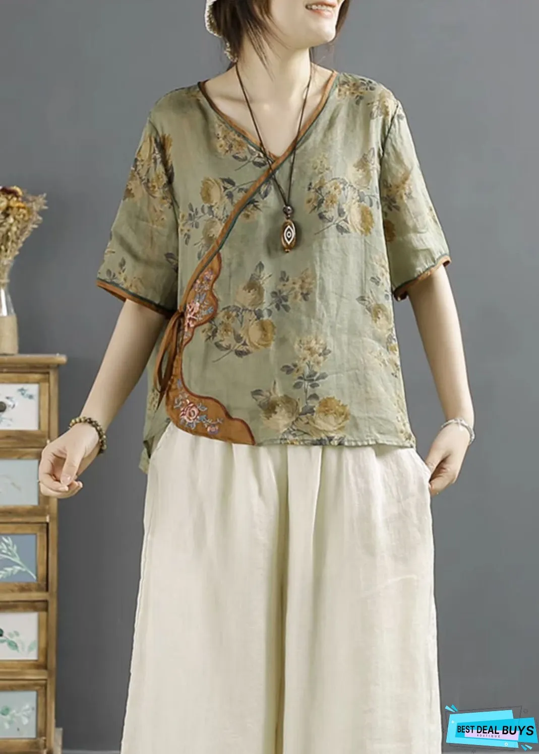 Vintage Green Embroideried Print Lace Up Linen Shirts Summer