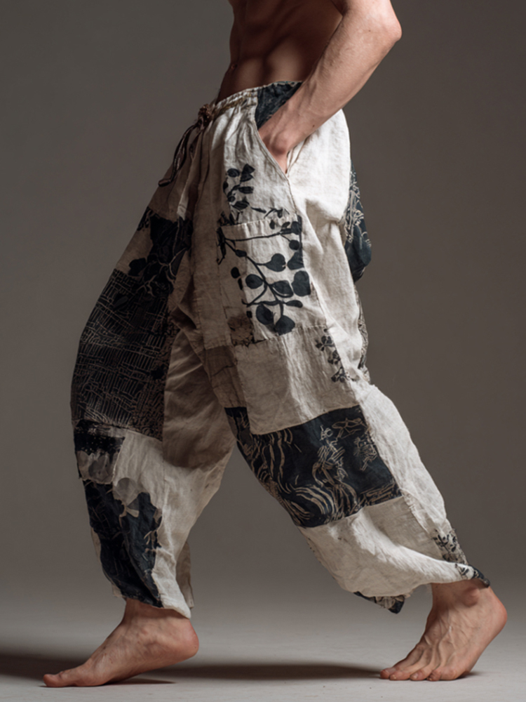 Japanese Style Patchwork Plant Print Casual Cotton Linen Trousers  artssus
