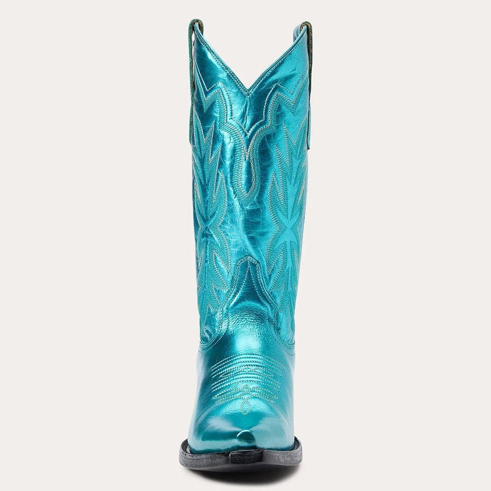 Teal Metallic Finish Chunky Heel Cowgirl Boots with Embroidery