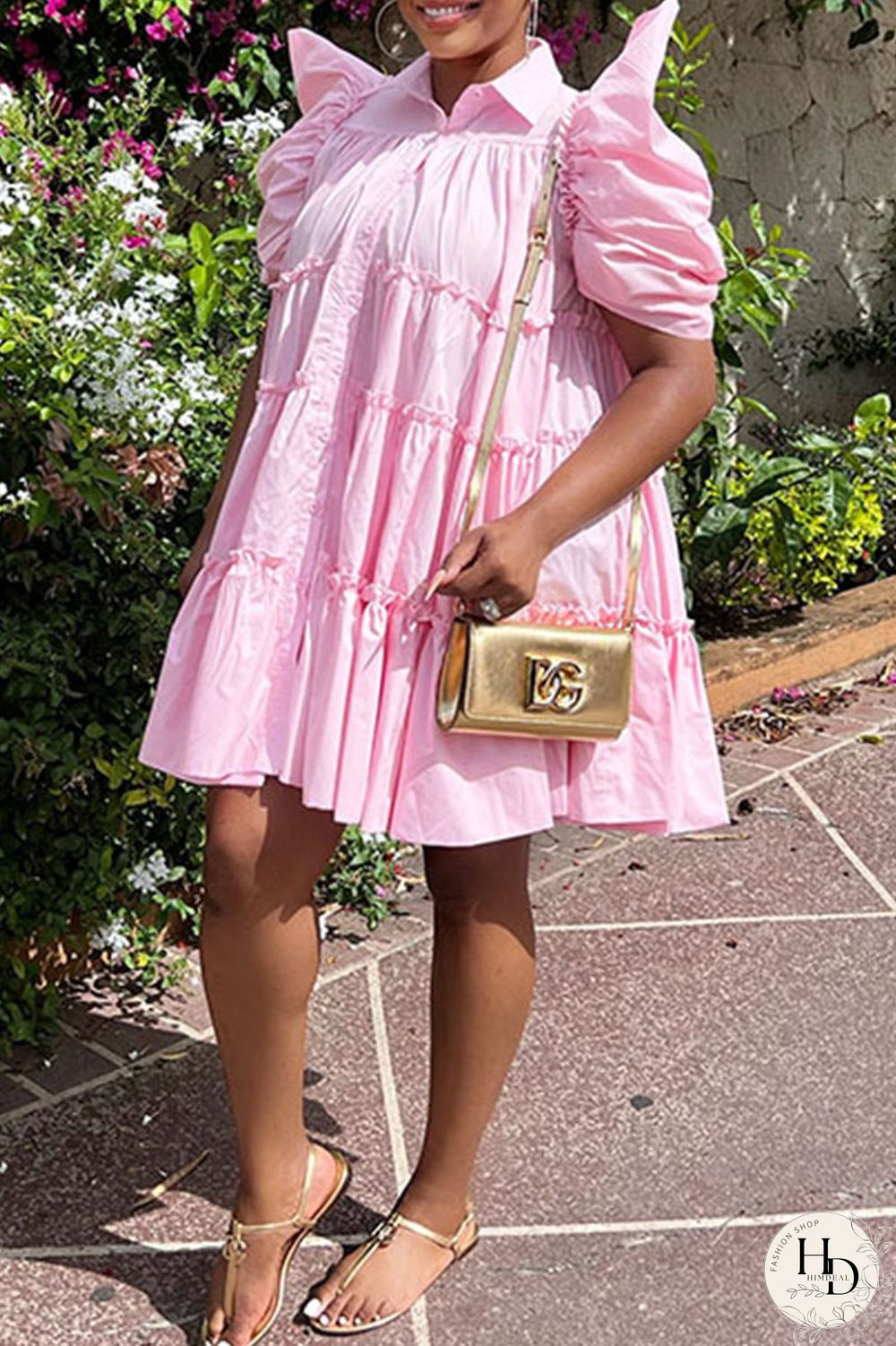 Pink Casual Solid Patchwork Buckle Fold Turndown Collar A Line Dresses