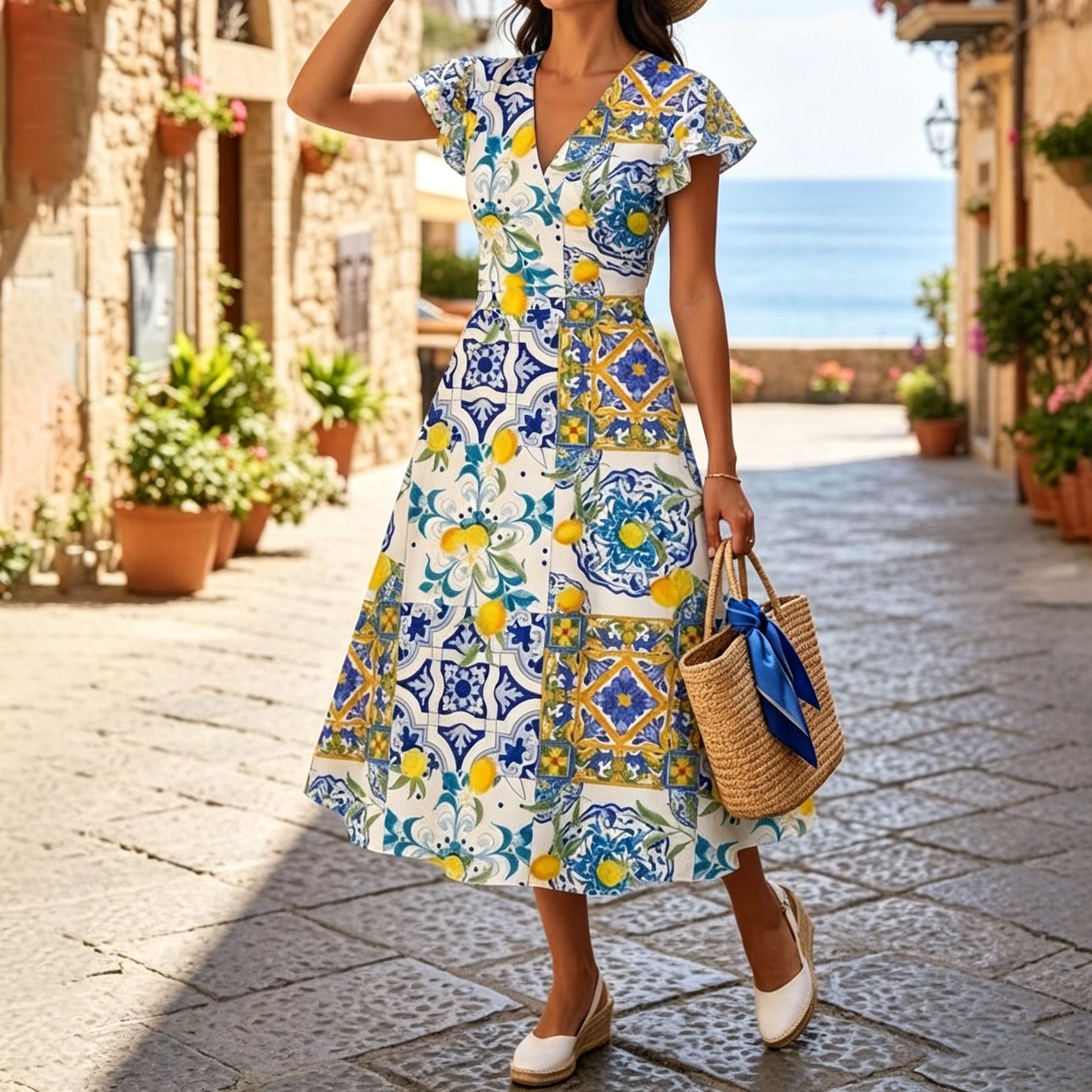 Comstylish Mediterranean Summer Sicilian Lemon V-neck Flutter Sleeve Midi Dress