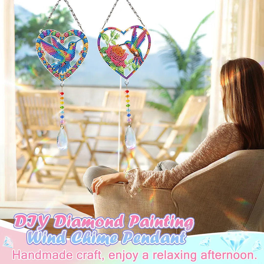 2Pcs Love Hummingbird DIY Acrylic Diamond Painting Art Wind Chimes with Crystal Pendant Diamond Art Hanging Pendant Double-Sided for Adults Beginners Gift Home Garden Decor