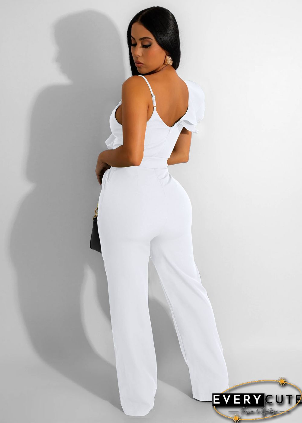 Fashion Ruffled Sleeveless Waist Deep V Loose Jumpsuit