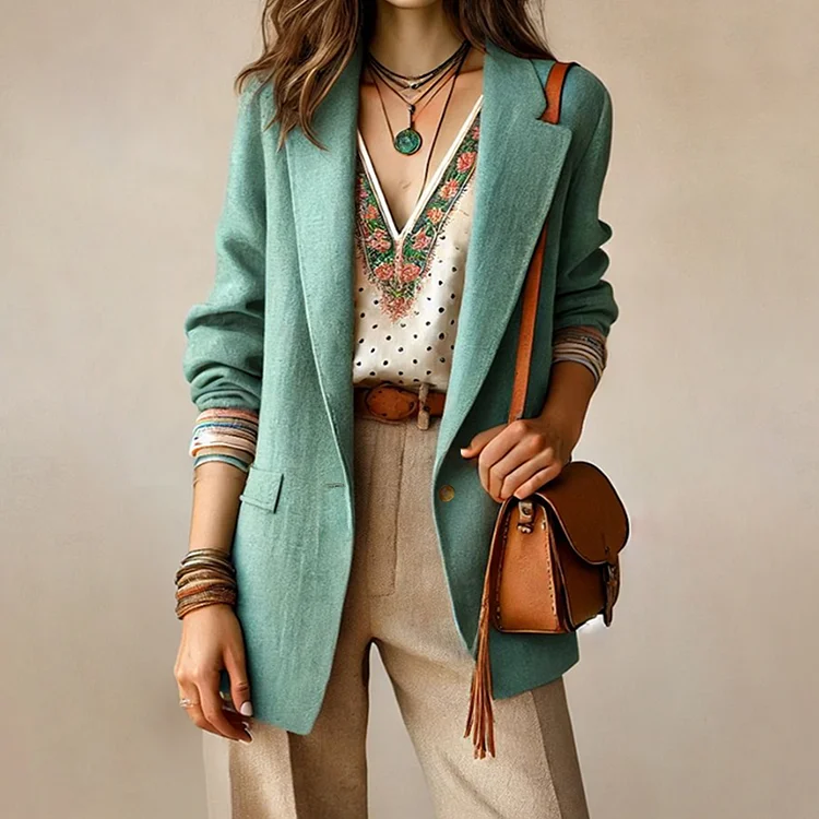 Elegant Lapel Collar Button Solid Long Blazer