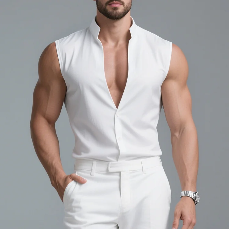 Okaywear Poplin V Neck Stand Collar Button Sleeveless Shirt 