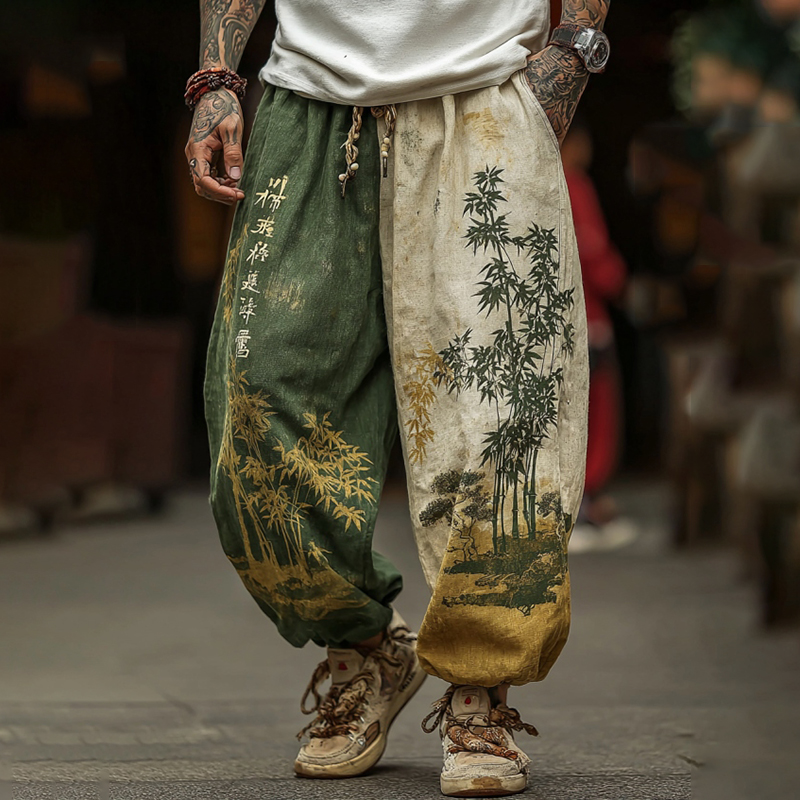 Men's Retro Japanese Bamboo Art Print Casual Pants  artssus