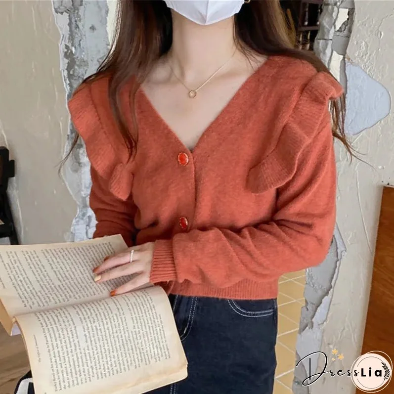 Joskka New Women's Autumn Winter Sweaters Buttons Cardigans Vintage Korean Knitted Ruffle Fashionable Elegant Lady Tops
