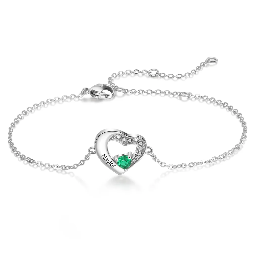 925 Sterling Silber Ein herzförmiges Armband mit 1 Name und 1 Geburtsstein Kettenmachen