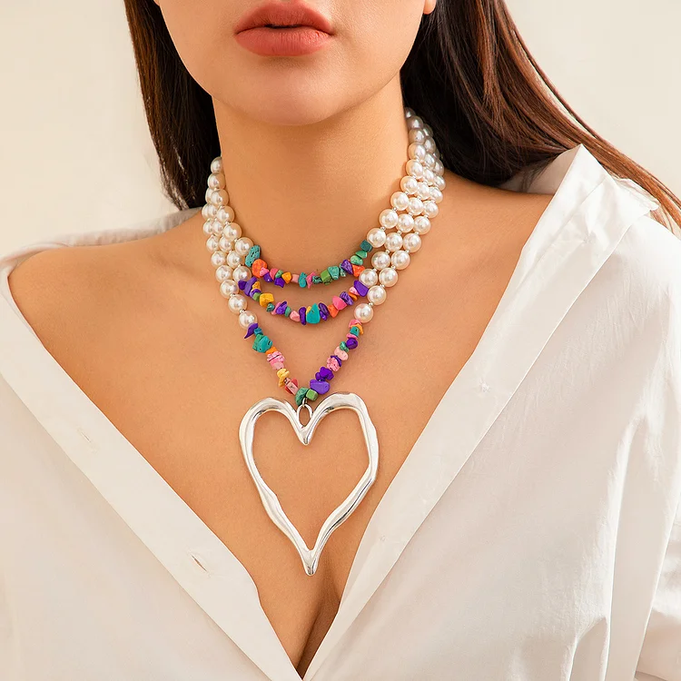 Versatile Stone and Pearl Metal Heart Necklace