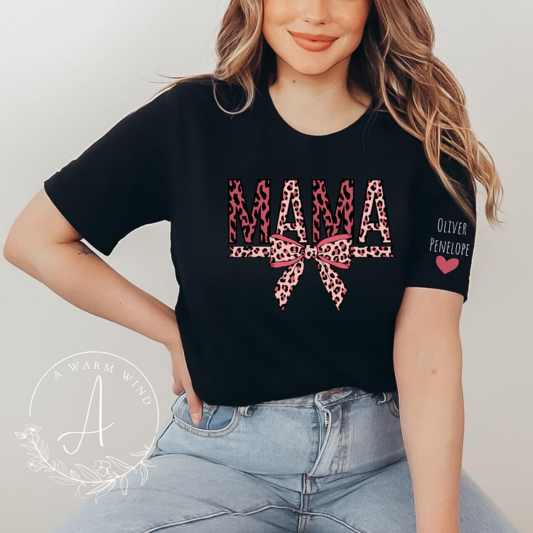 Leopard Print Mama T Shirt with Kids Names
