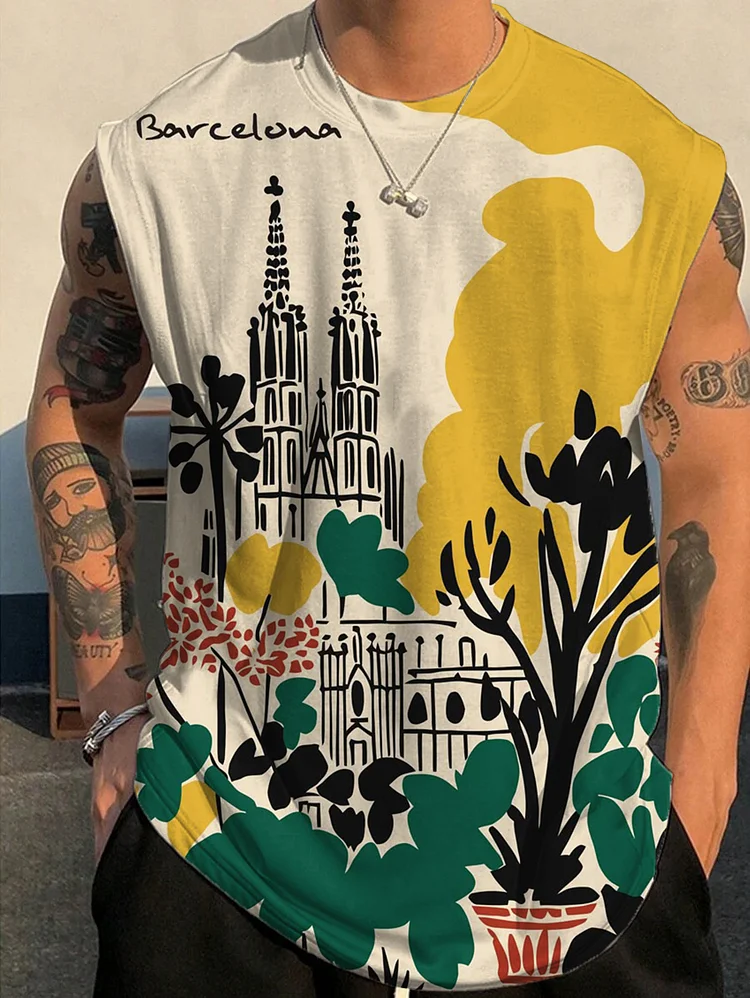 Men's Barcelona Cityscape Travel Art Printed Vacation Tank Top