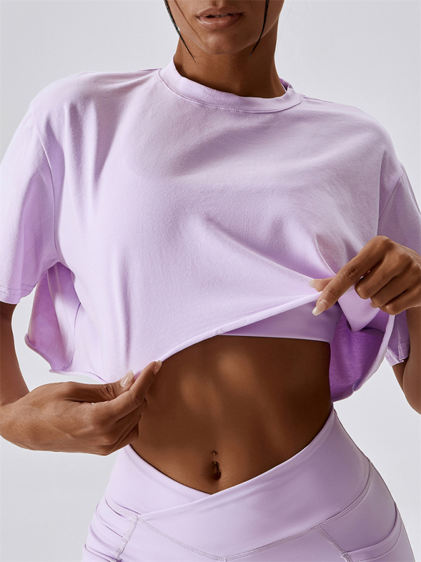 Mature Women's Knitted Round Neck Versatile Fitness Loose Yoga Sports T-Shirt Top