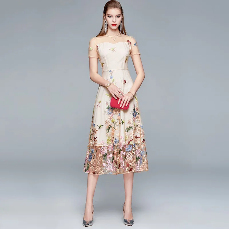 Women's Beige Floral Embroidered Midi Dress, Sheer Short Sleeve A-Line Formal Evening Dress
