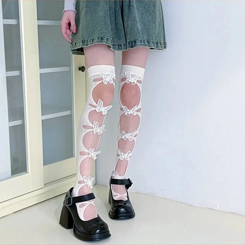 Nncharge Women Over The Calf Socks 3D Butterfly Lace Cutout Knee High Stockings Summer Fashion Kawaii Sweet Lolita Stockings