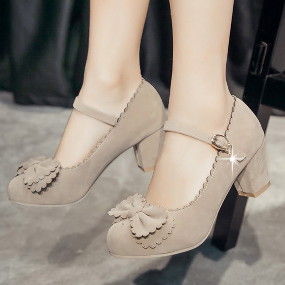 Gray Vegan Suede Closed Toe Block Heel Pumps with Buckle Nicepairs