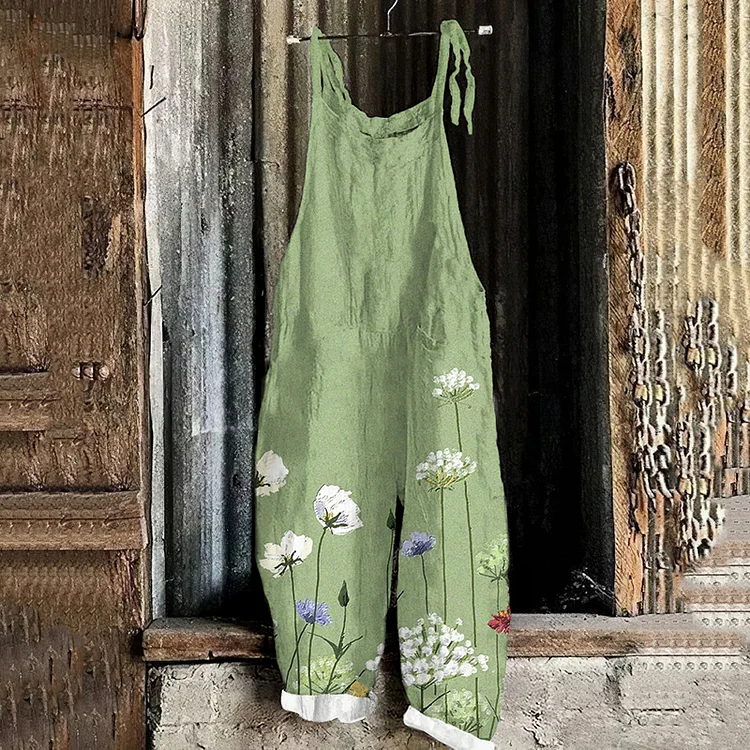 Utbros Vintage Floral Art Linen Blend Loose Casual Jumpsuit
