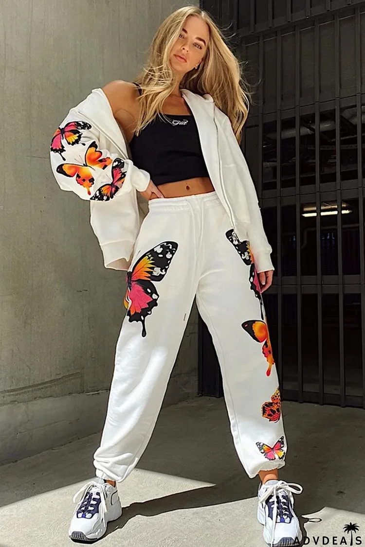 Butterfly Print Hoodie Long Pants Two Piece Outfits