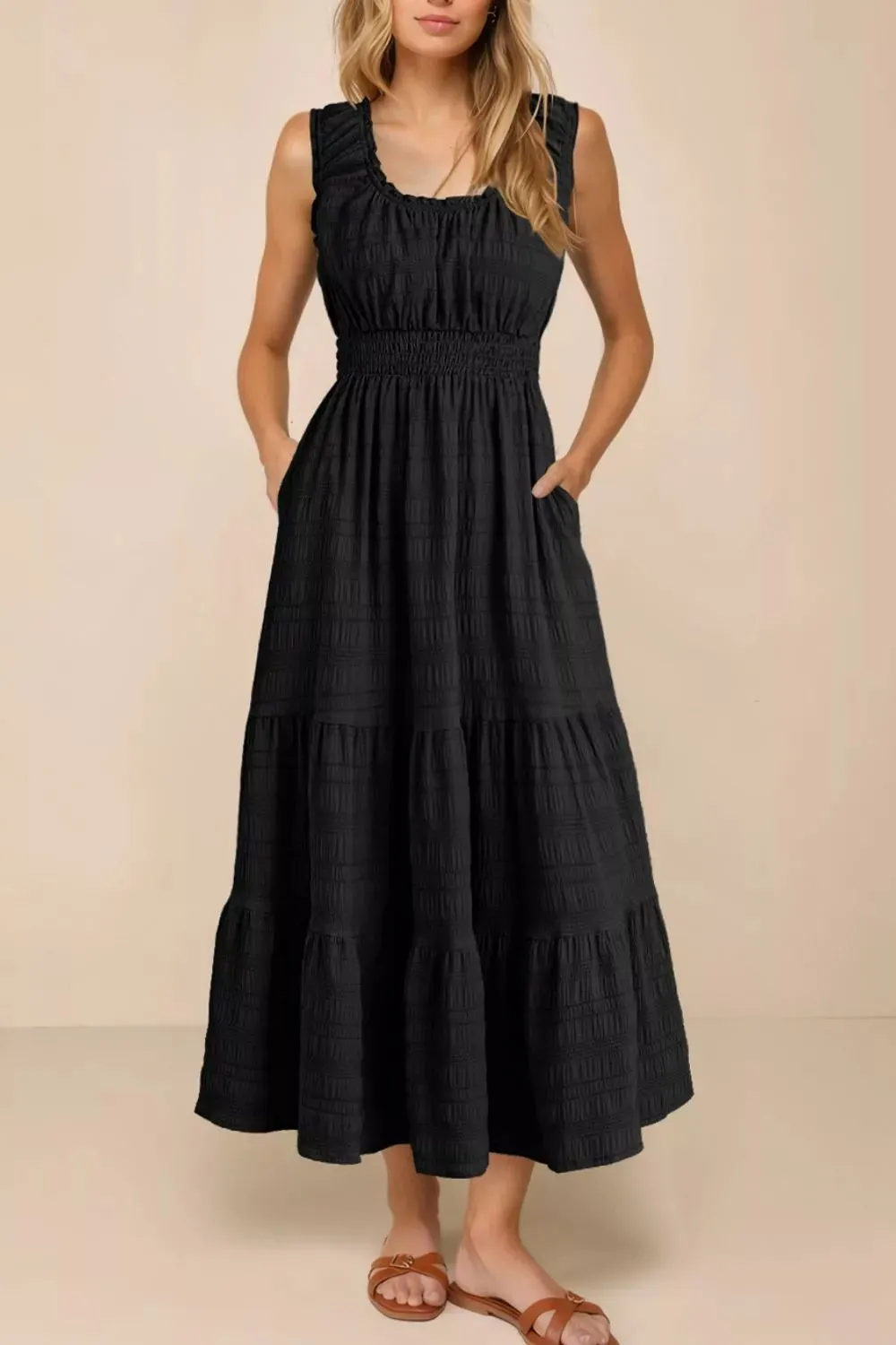 Sleeveless Smocked Tiered Dress with Pockets mysite idetrend