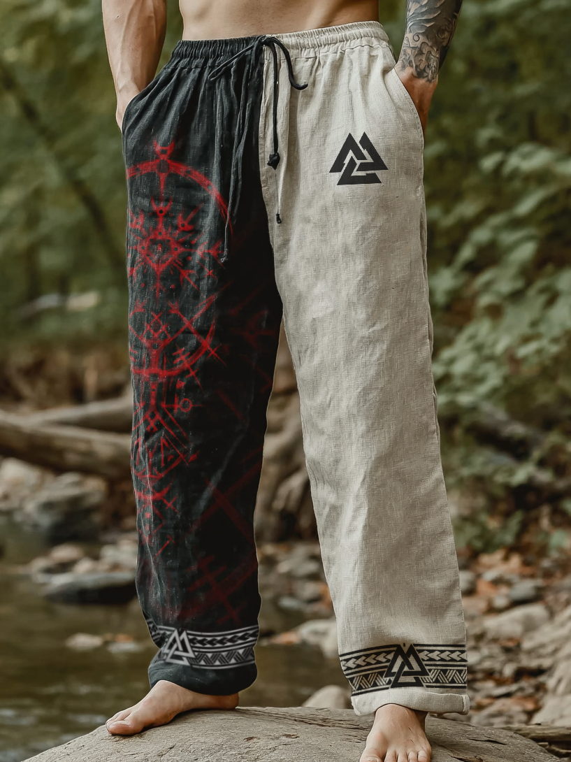 Men's Viking Raven Tribal Totem Two-Tone Nordic Casual Linen Pants / Rvogue / Rvogue