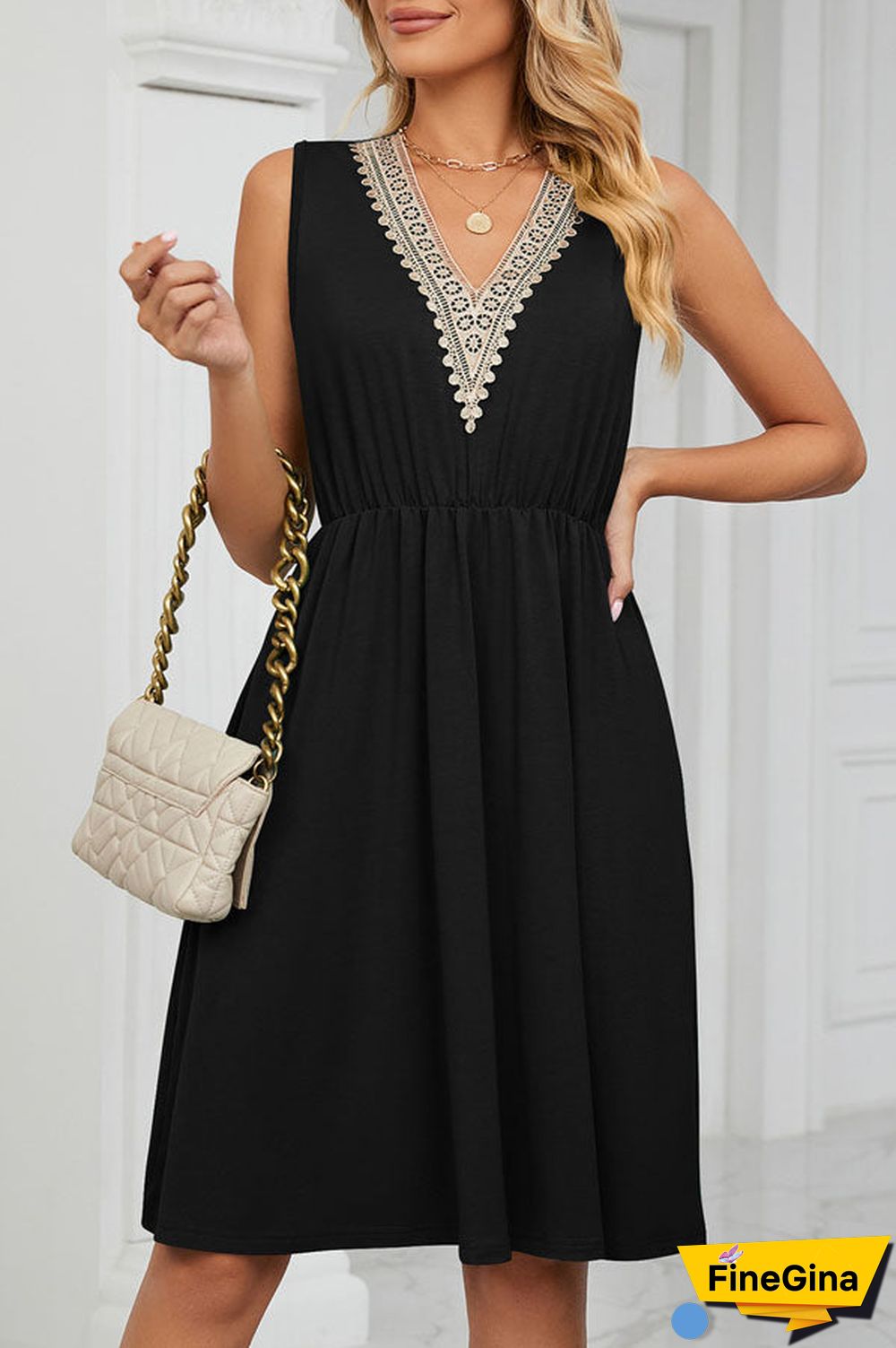 V Neck Patchwork High Waist Solid Color Dress