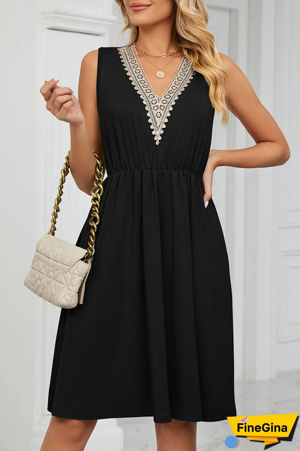 V Neck Patchwork High Waist Solid Color Dress