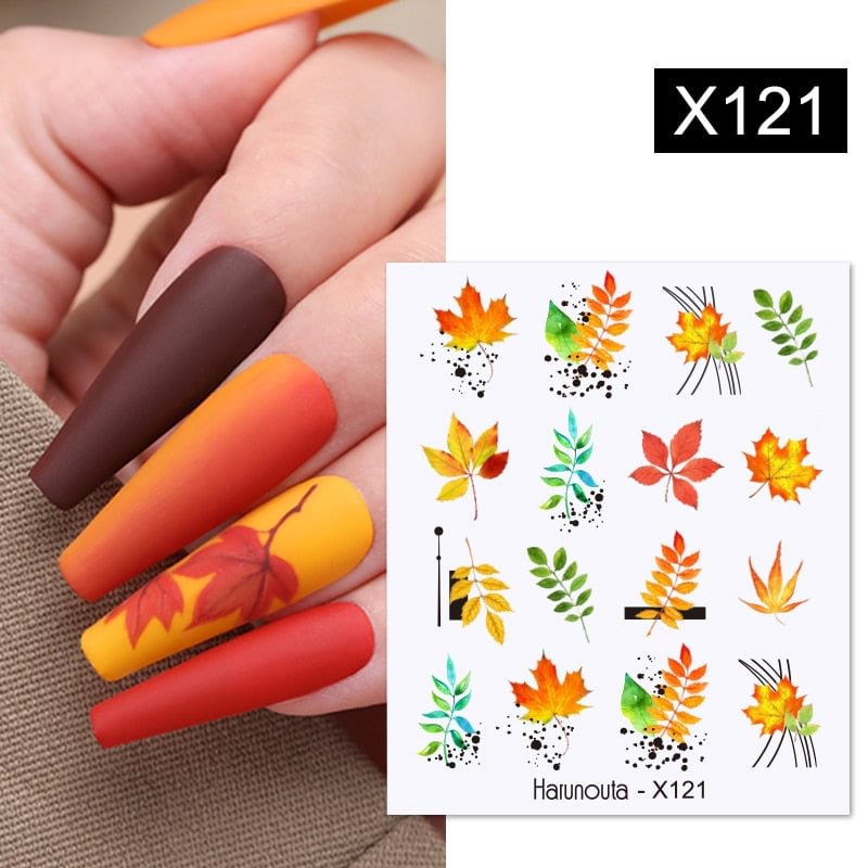 Harunouta Golden Geometrics Fall Maple Leaves Water Decals Autumn Halloween Skull Spider Snowflake Stickers For Nails Decoration