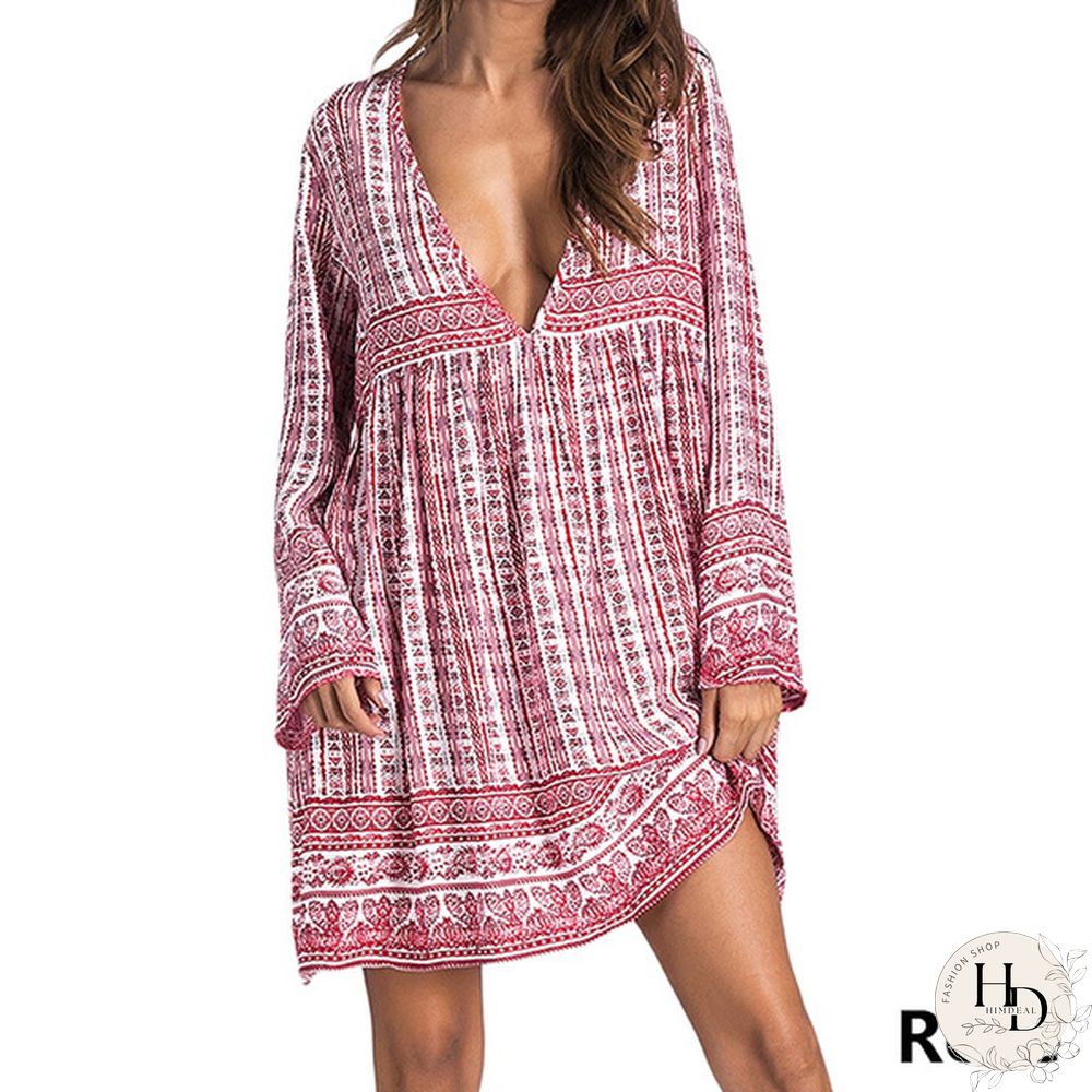 Women Boho Mini Dress Floral Printed Long Sleeve Deep V-Neck Loose Party Beach Short Dress