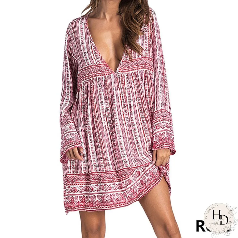 Women Boho Mini Dress Floral Printed Long Sleeve Deep V-Neck Loose Party Beach Short Dress