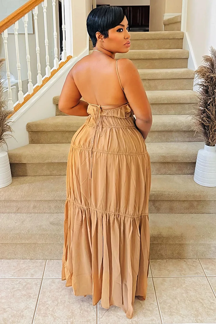 Backless Ruched Cinch Waist Vacation Cami Maxi Dresses-Khaki
