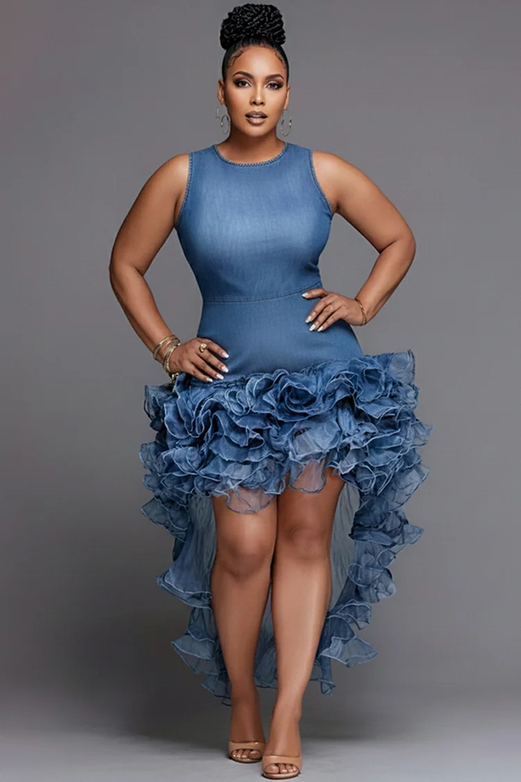 Xpluswear Design Plus Size Party Organza Blue Round Neck Ruffle High Low Hem Denim Mini Dresses [Pre-Order] 2024 - Xpluswear