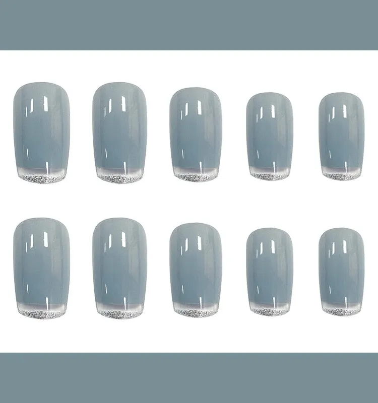 24pcs coffin Fake Nails with design Light Blue and Gray  Nail patch full  Finished Nails tips With Glue girl nail salon diy tool-Nail Inspo