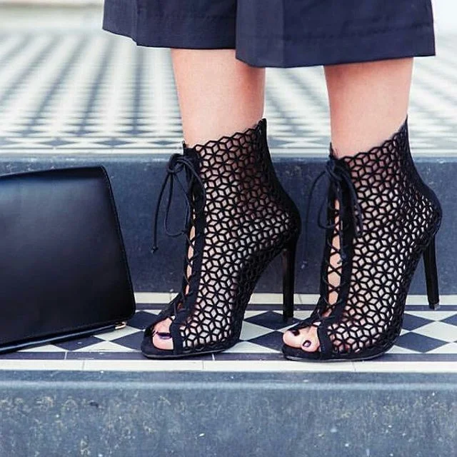 Black Laser Cut Peep Toe Booties Lace Up Hollow out Summer Boots |FSJ Shoes