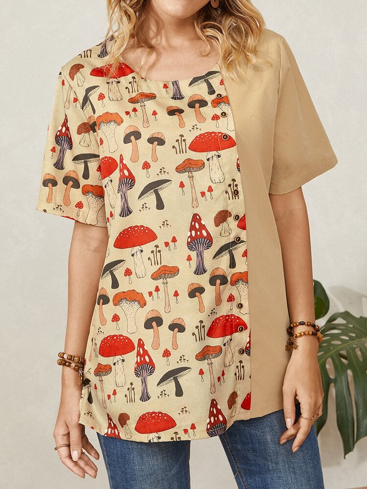 Women Mushroom Print Loose Button O neck Short Sleeve Casual T Shirt P1835061