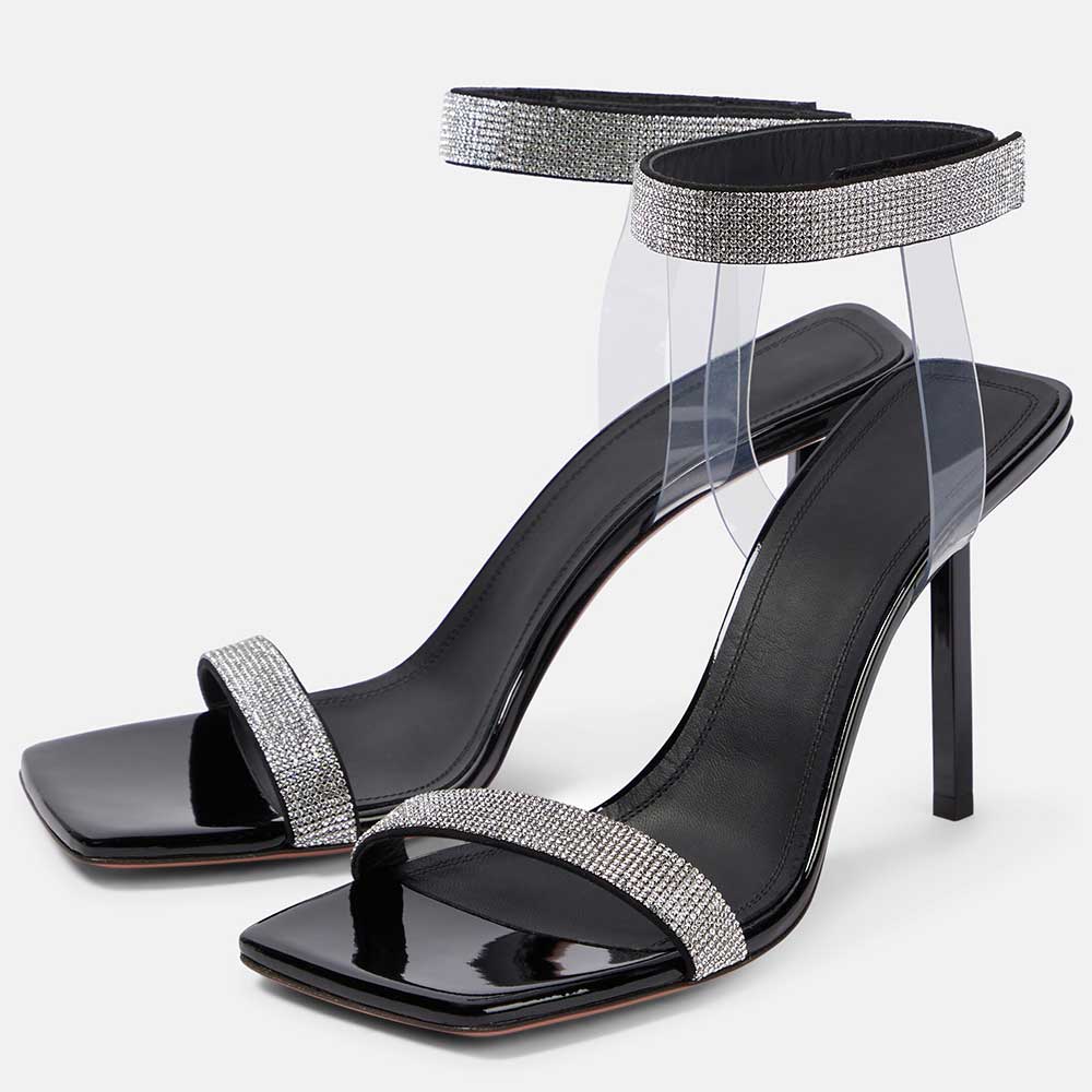 Black Patent Leather Rhinestone Ankle Strap Decorative Heel Sandals  Nicepairs