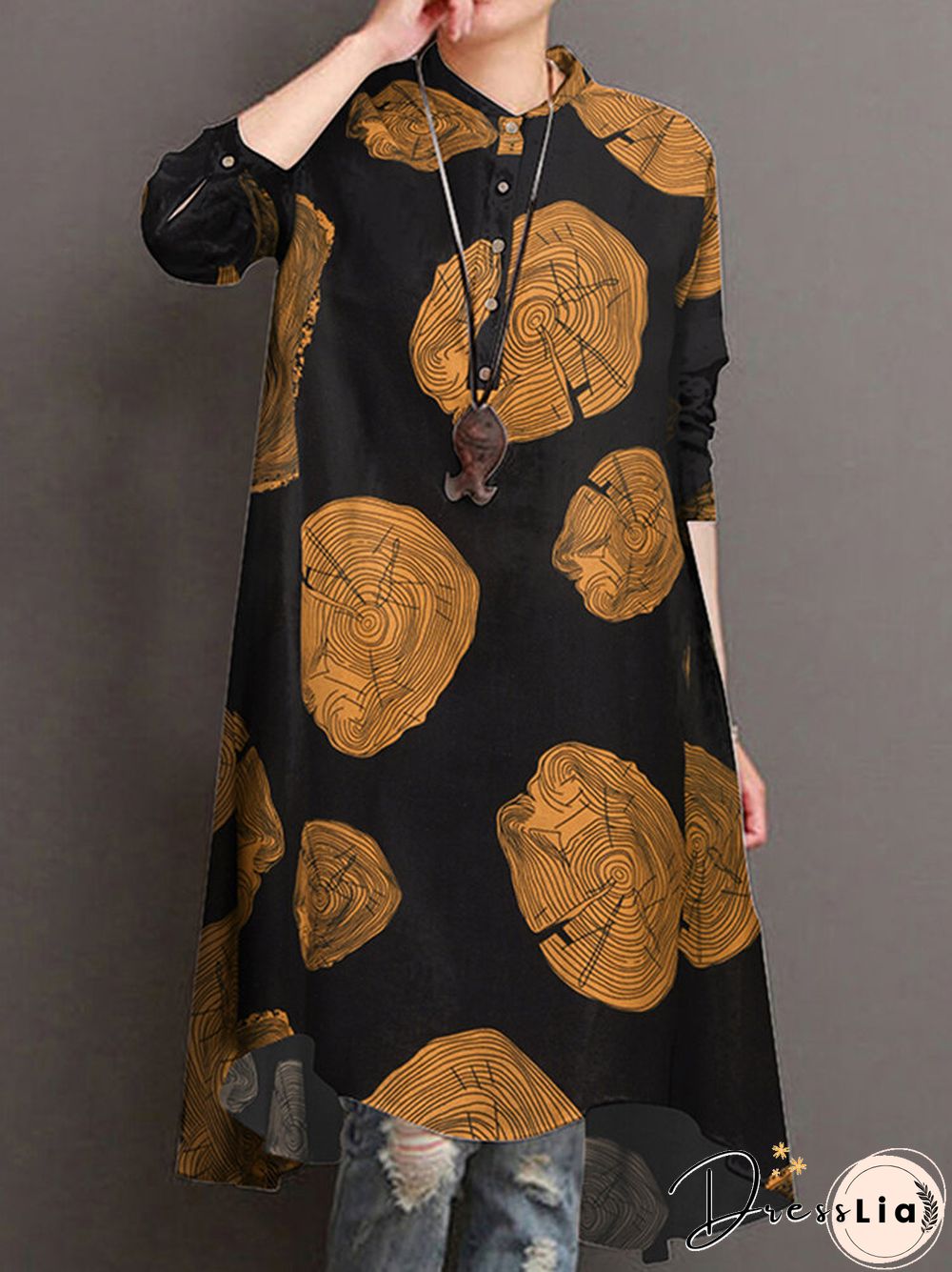 Casual Printed Stand Collar Long Sleeve Cotton Blouse
