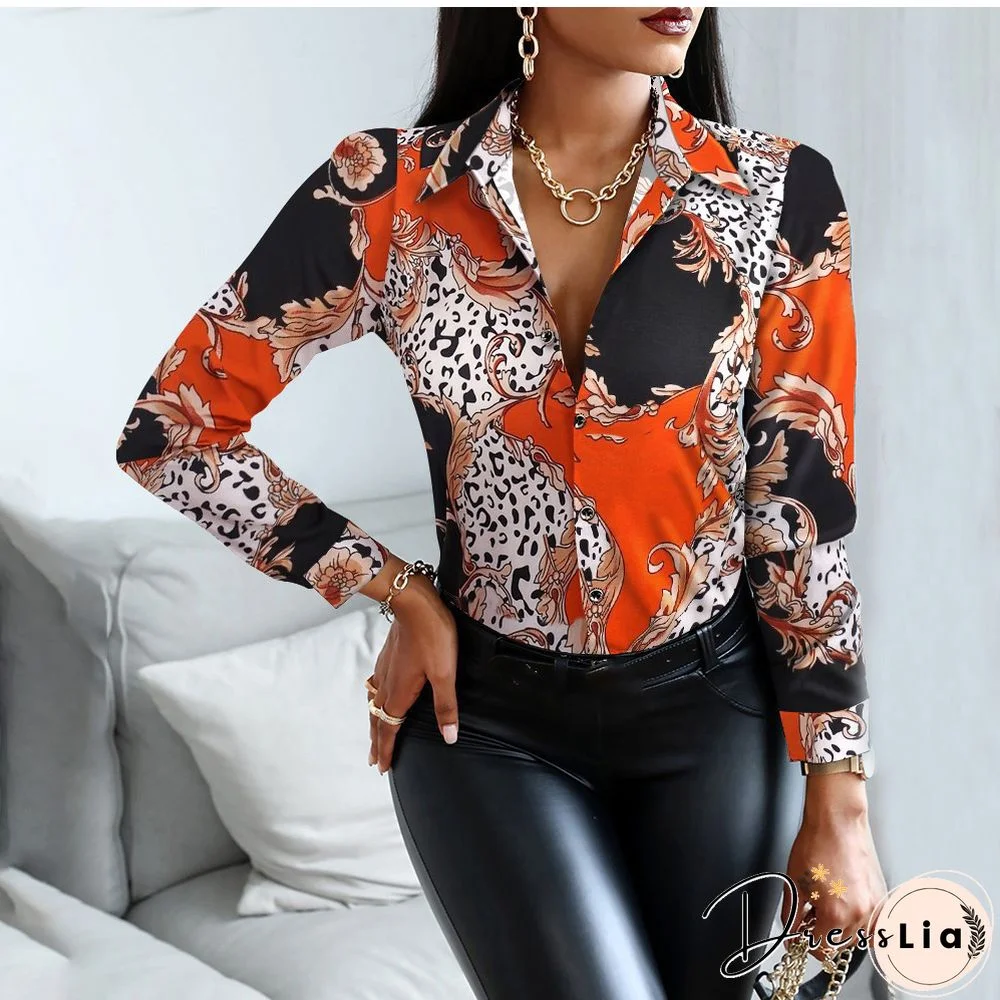 Autumn Women Black Floral Print Top Shirt Fashion Casual Long Sleeve Turn-down Collar Tops Shirts New Elegant Slim Button Shirts