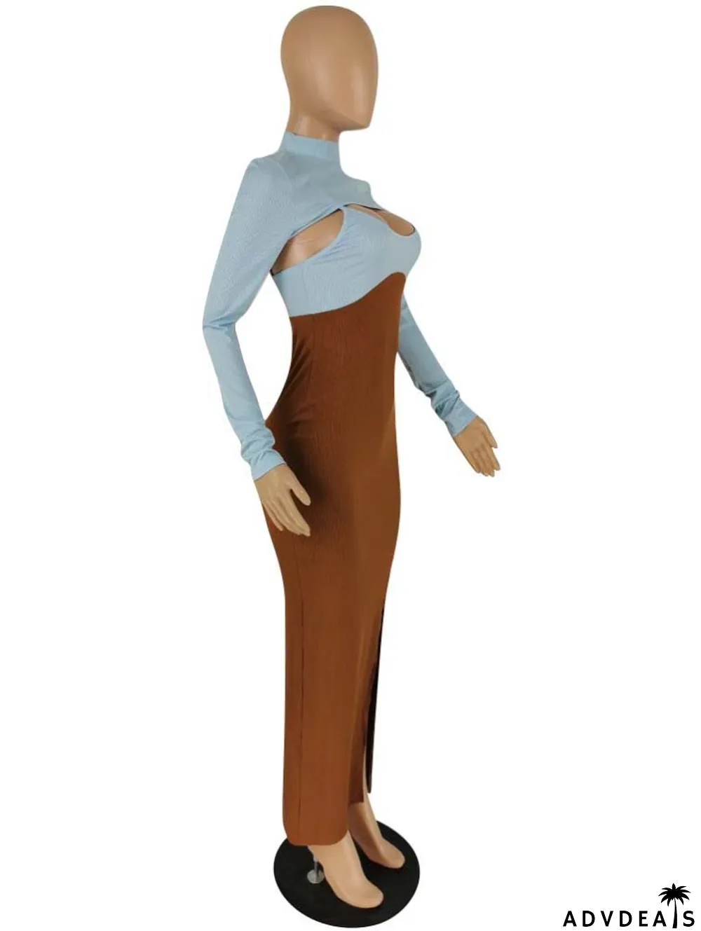 Fall Sexy Blue Contrast Brown Hollow Out High Neck Long Sleeve Slit Long Dress