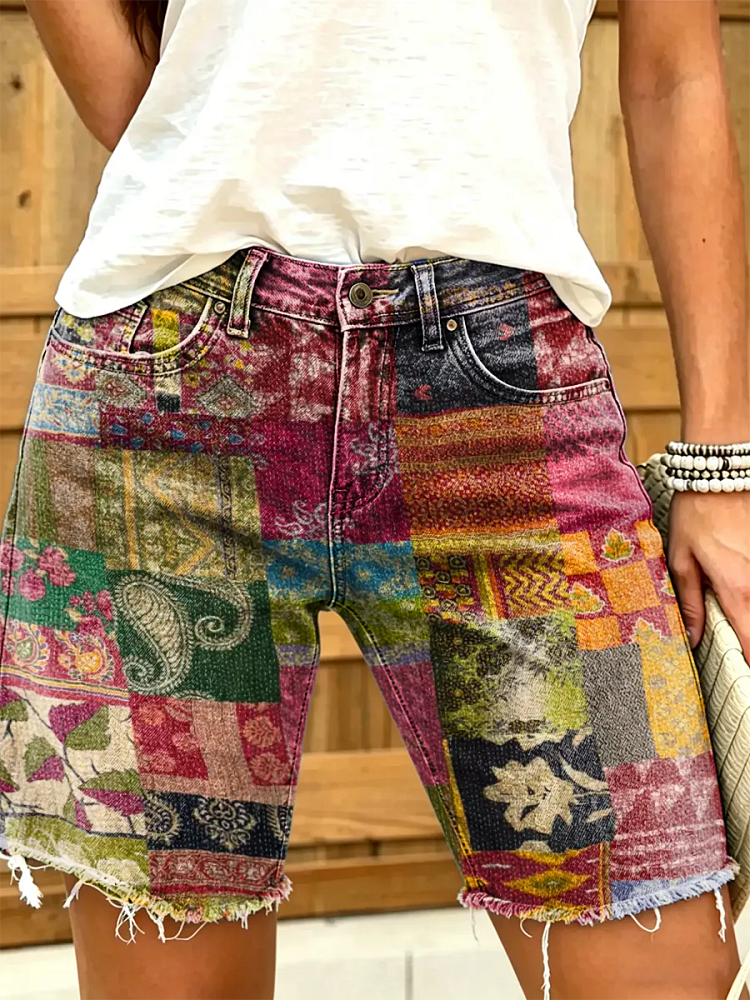 Women's Paisley Patchwork Print Denim Shorts
