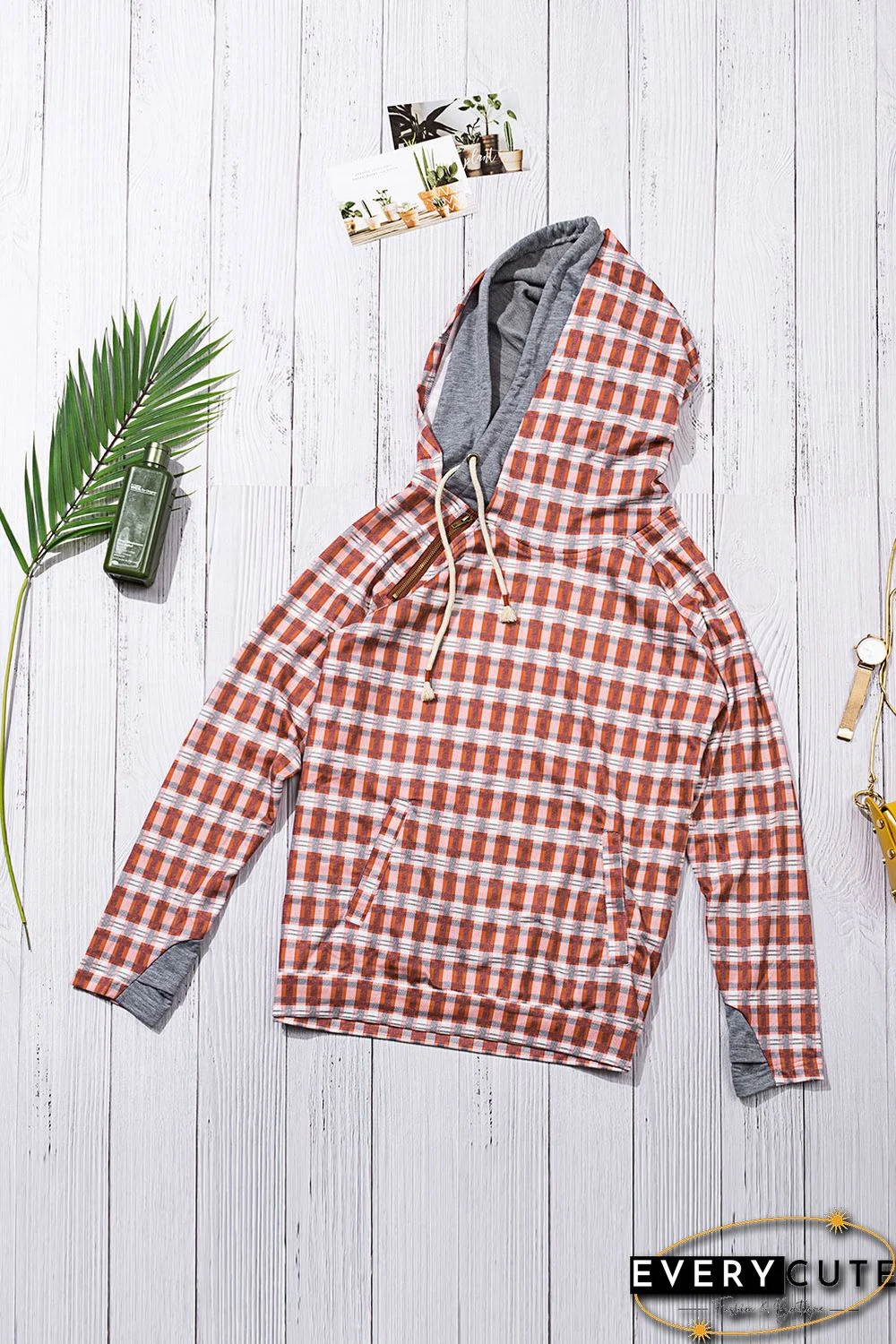 Red Cowl Neck Plaid Drawstring Hoodie with Thumb Hole