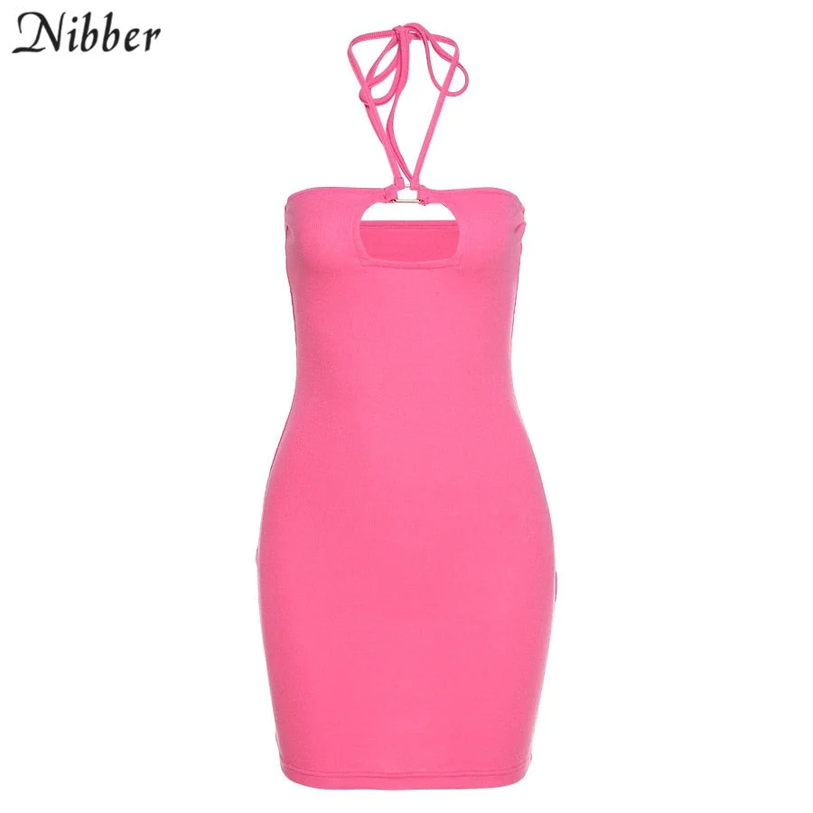 Nibber Sexy Pink Dresses For Women Hollow Neck 2021 Summer Sleeveless Spaghetti Bodycon Mini Dress Streetwear Camisole Dresses