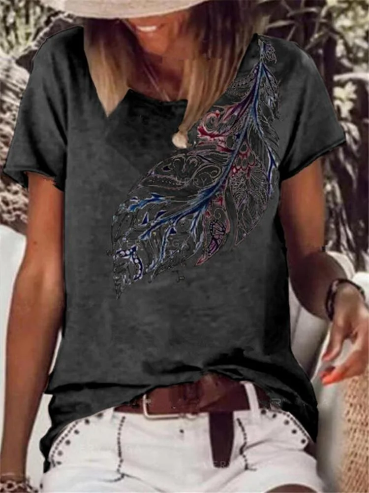 Women's Slim Fit V-neck Short Sleeve Printed Casual T-shirt